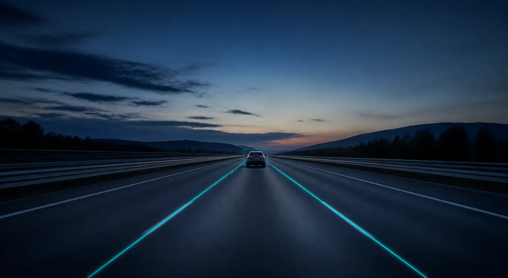 Illustrated highway scene with lane guidance and a highlighted vehicle ahead